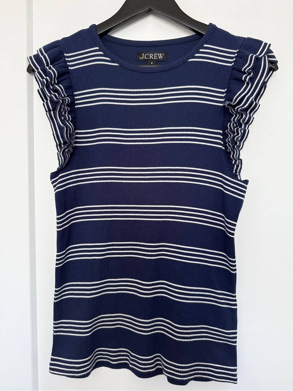 J. Crew Navy & White Striped Rib Ruffle Sleeveless Tank - M